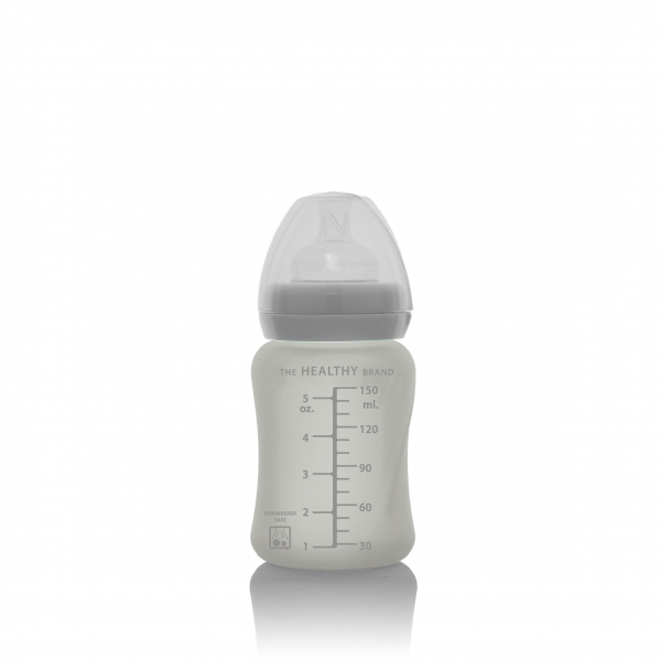 Скляна дитяча пляшечка з силіконовим захистом Everyday Baby (150 мл) світло сірий