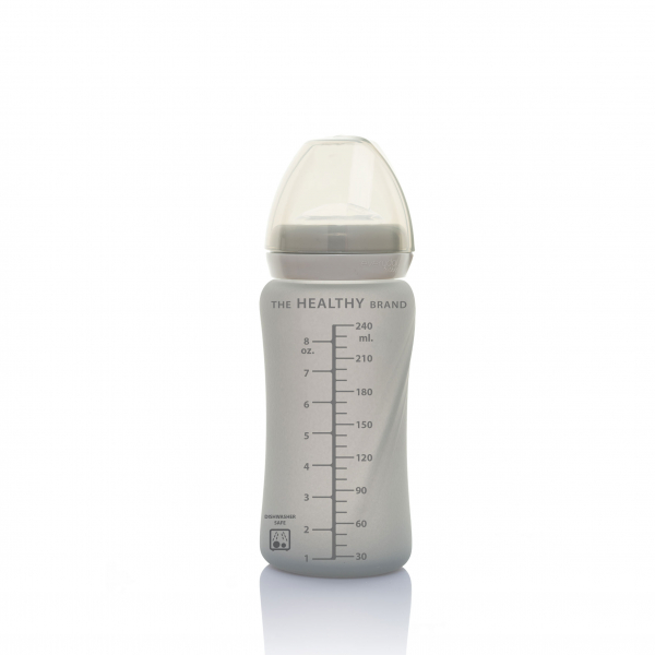 Скляна пляшка з трубочкою для пиття з силіконовим захистом Everyday Baby (240 мл) світло сірий
