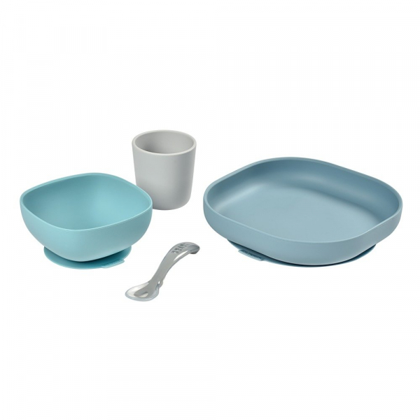 Набір силіконового посуду Beaba (4 предмета) блакитний/сірий