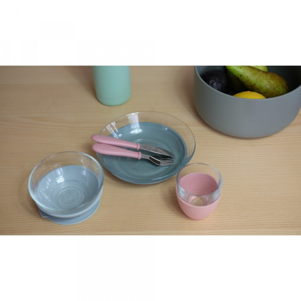 Набір дитячого посуду зі скла Beaba (3 предмети) рожевий/сірий