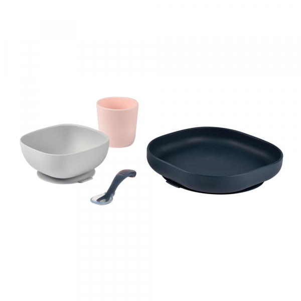 Набір силіконового посуду Beaba (4 предмета) темно синій/рожевий